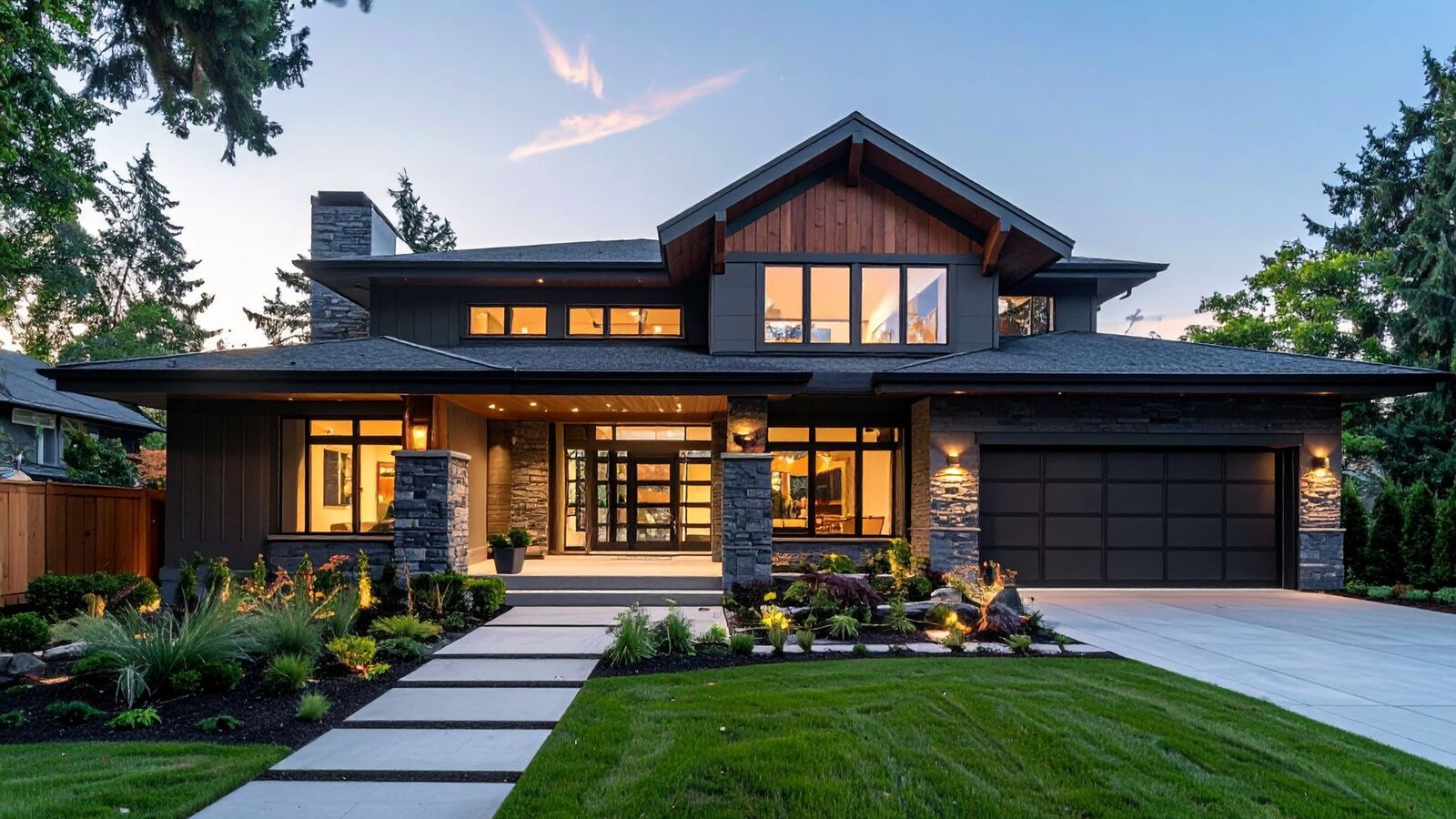 Newly built contemporary home with stone accents and landscaped walkway